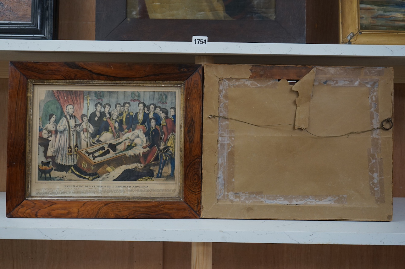 A pair of 19th century French colour lithographs, ‘Exhumation of Napoleon’ and one other, 23 x 31cm, rosewood framed. Condition - fair, discoloured throughout